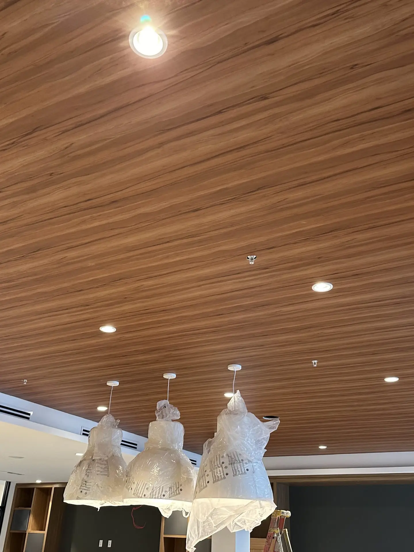 Wooden ceiling with hanging lights