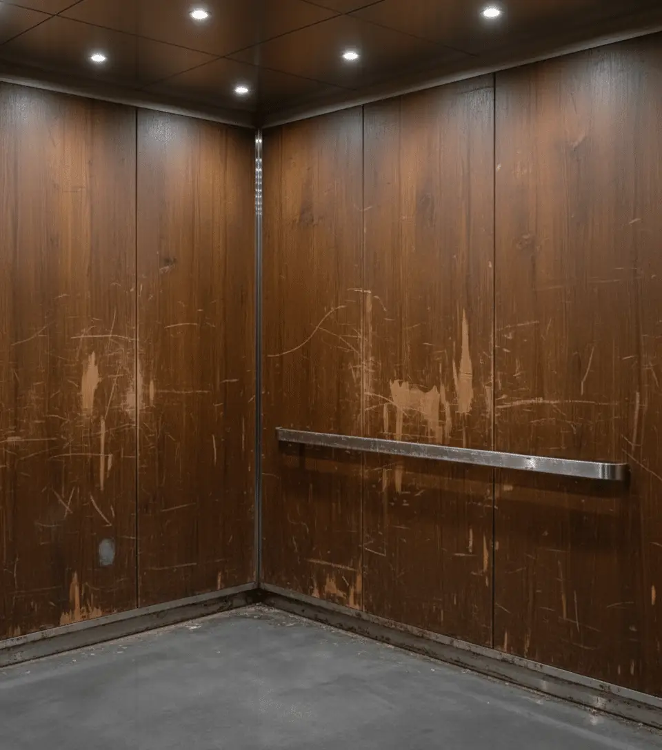 Elevator interior with dark wood finish before resurfacing