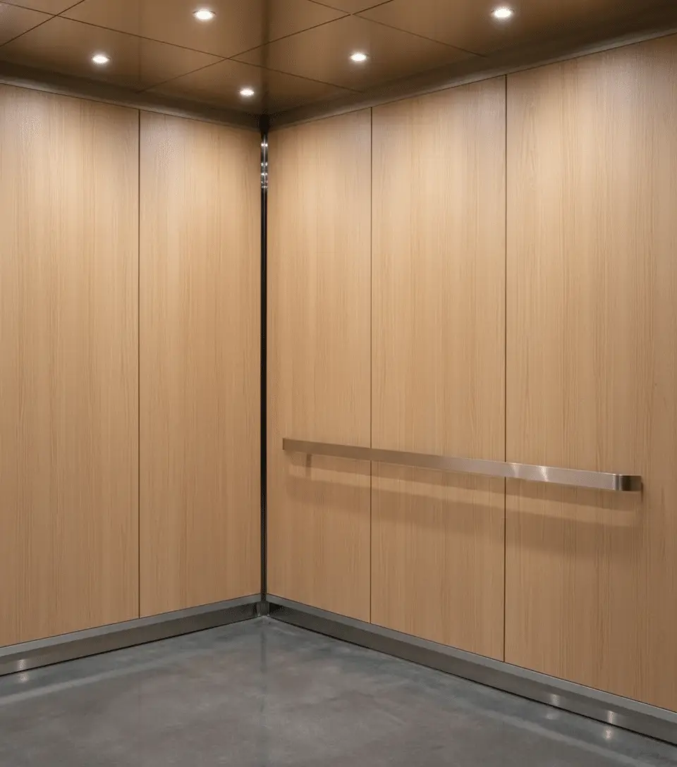 Light wood-look architectural finishes in a completed Resurface Wraps elevator interior